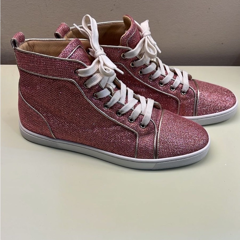 Christian Louboutin Pink Glitter High-Top Sneakers NWT